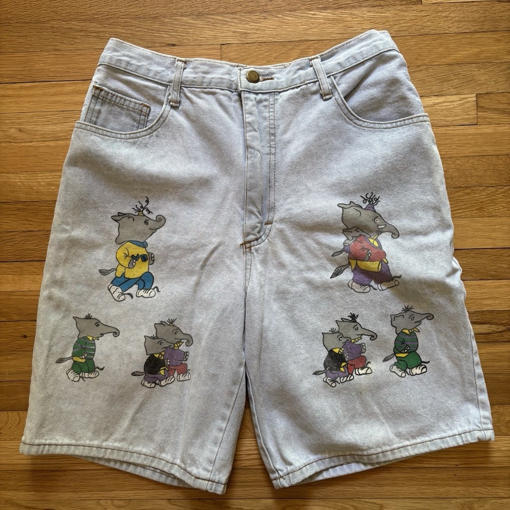 VTG Vintage Blue 90s Size 13/14 Light Wash Denim Shorts Cartoon Elephants Street